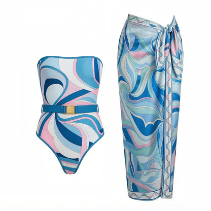 2026 New Long Sleeve Vintage Print One Piece Swimwear Zipper Women Bathing Suit And Wrap Skirt Surfing Swim Suit Beachwear
