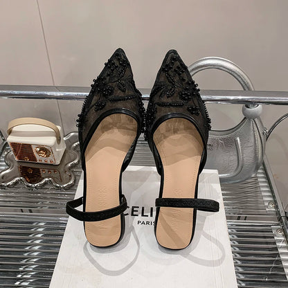 Pearl Bead Embroidery Lace Slingback Shoes Woman Luxury Floral Silk Gauze Low Heel Mules Ladies Elegant Evening Party Dress Shoe