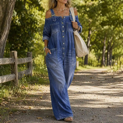 Summer Denim Jumpsuit for Women, Long Sleeve Off Shoulder Loose Bib Overall, Button Down Wide Leg Jeans Romper with Pockets