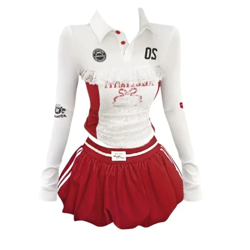 America Sexy Spicy Girl 2 Piece Sets Women Lace-up Vintage Crop Tops + Red Y2k Chic Mini Skirt Female Lace Elegant Set Autumn