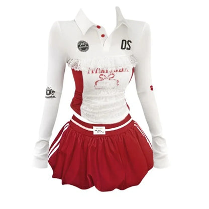 America Sexy Spicy Girl 2 Piece Sets Women Lace-up Vintage Crop Tops + Red Y2k Chic Mini Skirt Female Lace Elegant Set Autumn
