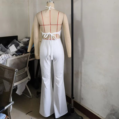 Sexy Women's Beaded Halter Jumpsuits Overalls Summer 2025 Backless Fitted Wide Legs Rompers One Piece Outfits Clubwear Party