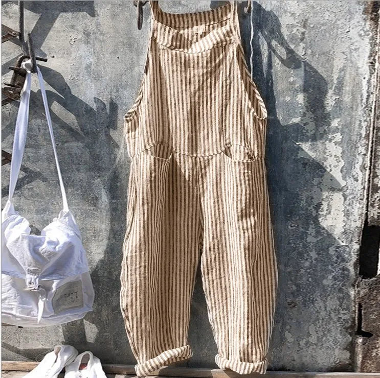 Women's Stripe Jumpsuits Cargo Pants Wide Leg Pants Trousers Multicolor Ethnic Bib Sleeveless Casual Loose Jumpsuit With Pockets