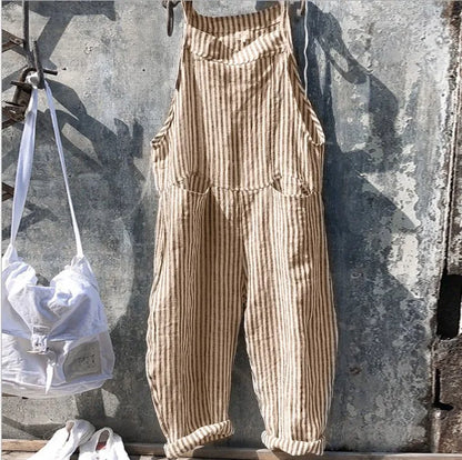 Women's Stripe Jumpsuits Cargo Pants Wide Leg Pants Trousers Multicolor Ethnic Bib Sleeveless Casual Loose Jumpsuit With Pockets