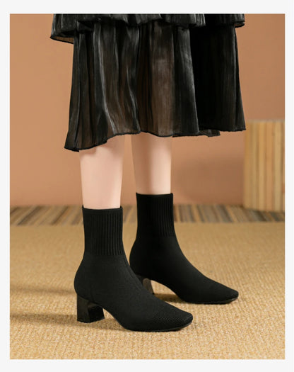 Black Square Toe Knit Sock Boots Elastic Slim Thick Block Heel High Heels Short Boots Fashion Autumn Casual Skinny Ankle Boots