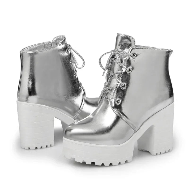 British Silver Gold Ankle Boots Women High Chunky Heels Dress Lady Round Toe Lace-up Spring Autumn Vintage Platform Short Boots