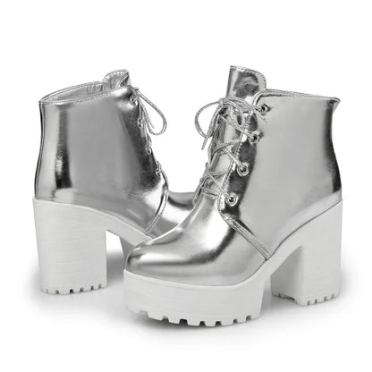 British Silver Gold Ankle Boots Women High Chunky Heels Dress Lady Round Toe Lace-up Spring Autumn Vintage Platform Short Boots