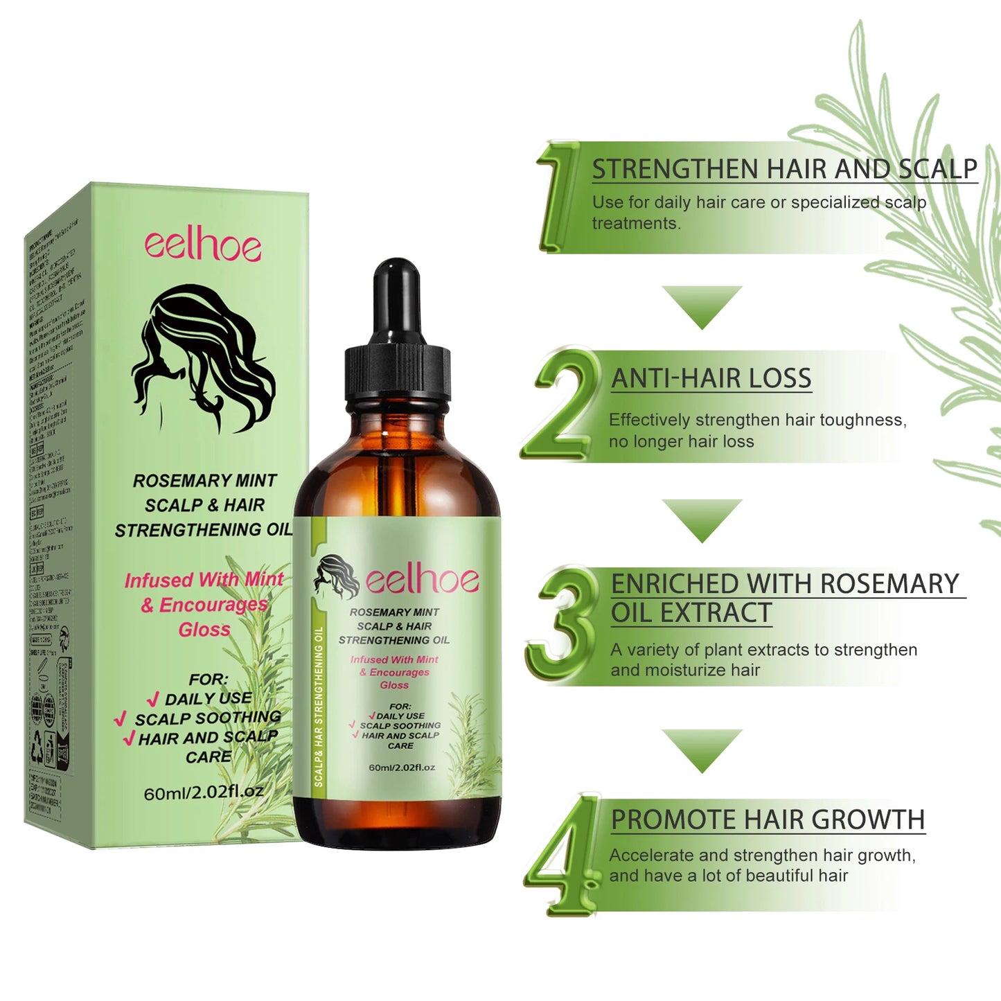 EELHOE Rosemary Hair Care Essential Oil - Reduces Frizz, Enhances Shine, Mint-Infused, Nourishing Care for Women and Men 1set
