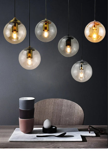 Modern Simple Glass Chandelier Bar Counter Restaurant Gold Hanging Lights Silver Metal Amber Ashtray Ball Glass Suspension Lamp