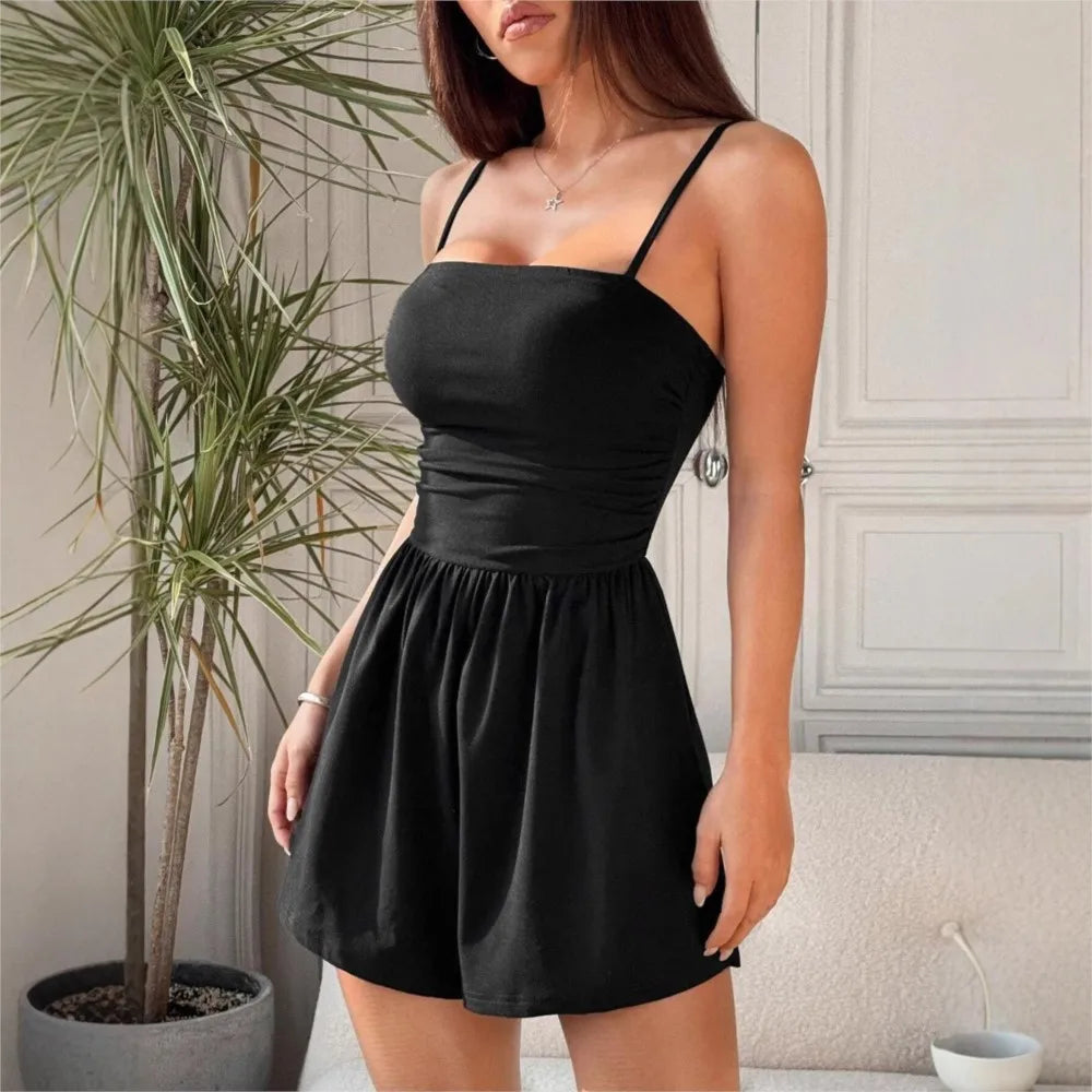 Temperament Casual Playsuits Jumpsuits For Woman Playsuits Jumpsuit Simple Style Sling Solid Color Sleeveless Shorts All-match