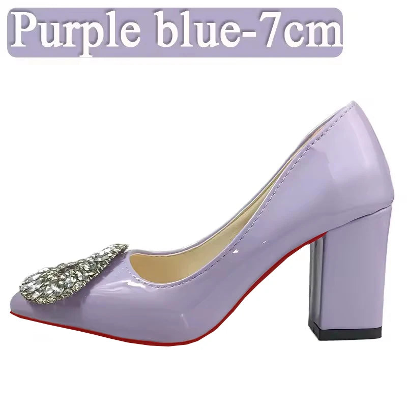 Aphixta Bing Big Crystals Round Buckle 7cm Chunky Heels Pumps Women Shoes Dark Green Fashion and Leisure Pointed Toe Pumps