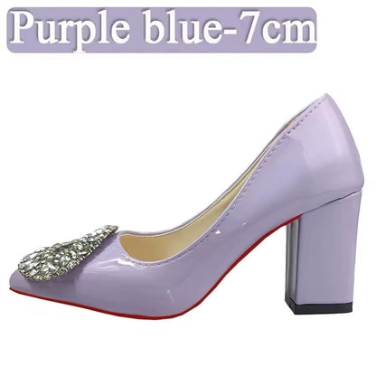 Aphixta Bing Big Crystals Round Buckle 7cm Chunky Heels Pumps Women Shoes Dark Green Fashion and Leisure Pointed Toe Pumps