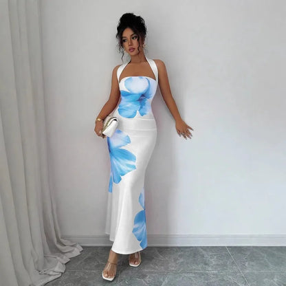 Women's 2026 New Popular Neck Halter Long Dress Hip-wrapped Printed Dress White Dress Birthday Dress for Women Summer Dress
