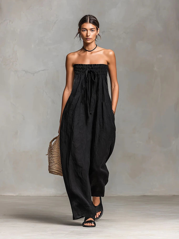 Women Strapless Wide Leg Jumpsuit Casual Cotton Linen Tube Top Romper Summer Beach Long Pants with Pockets Vacation Overalls