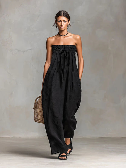 Women Strapless Wide Leg Jumpsuit Casual Cotton Linen Tube Top Romper Summer Beach Long Pants with Pockets Vacation Overalls