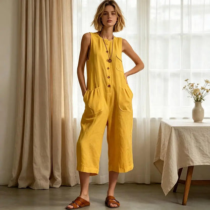 Women Summer Tank Jumpsuit Sleeveless Button Down Cropped Rompers Loose Wide-Leg Overall Pockets Hot Sale