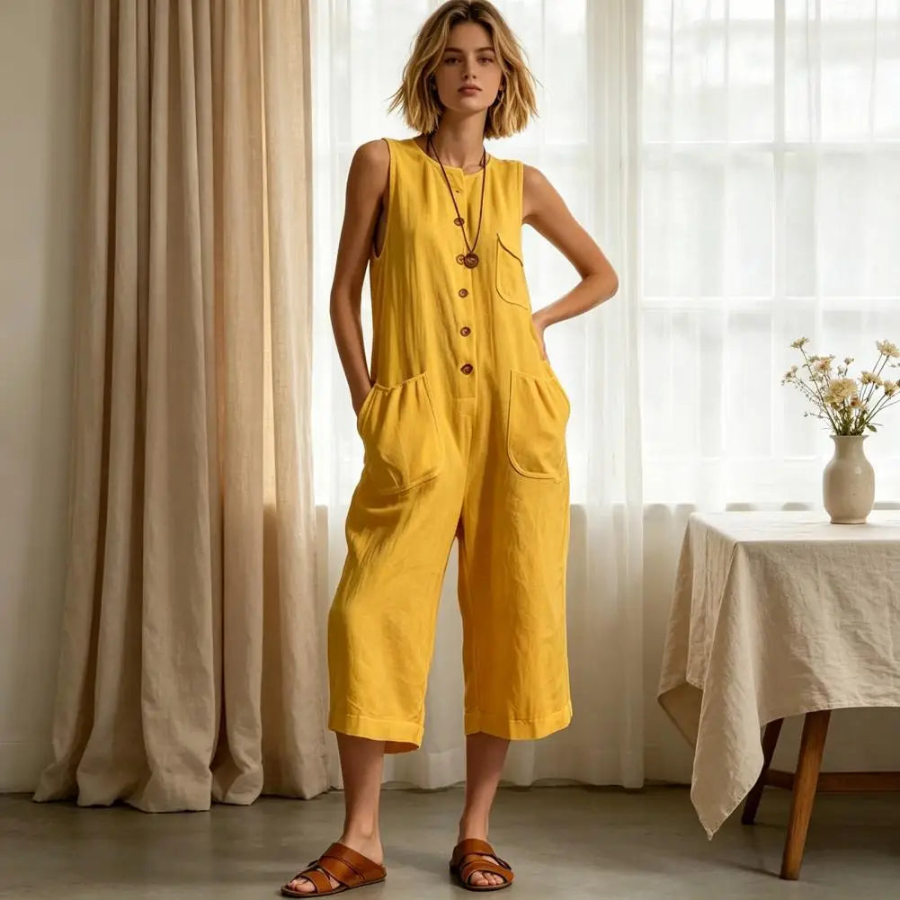 Women Summer Tank Jumpsuit Sleeveless Button Down Cropped Rompers Loose Wide-Leg Overall Pockets Hot Sale