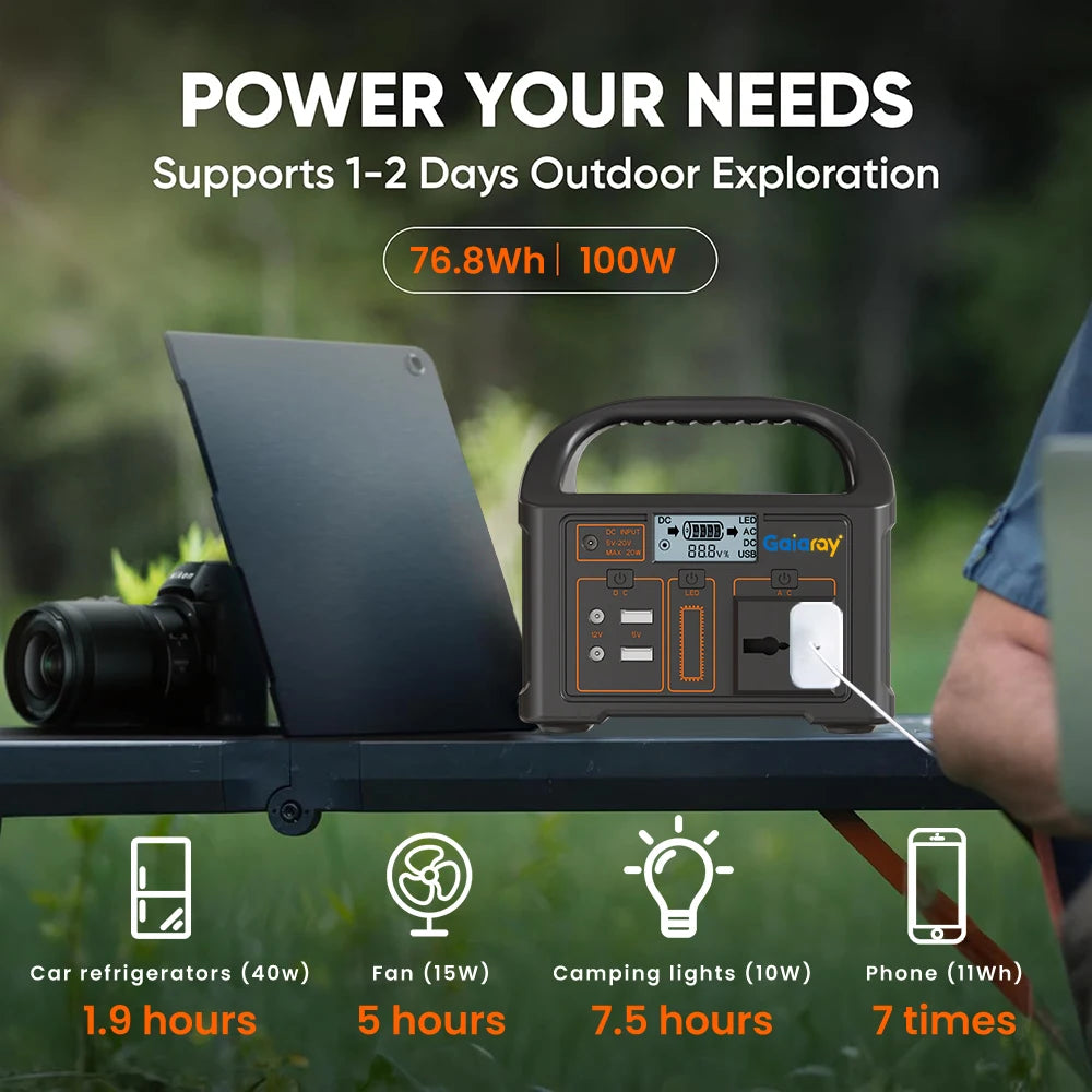Gaiaray 100W Portable Power Station AC 220V 110V Solar Generator Outdoor Emergency Power Bank 76.8Wh LiFePO4 Battery For Camping