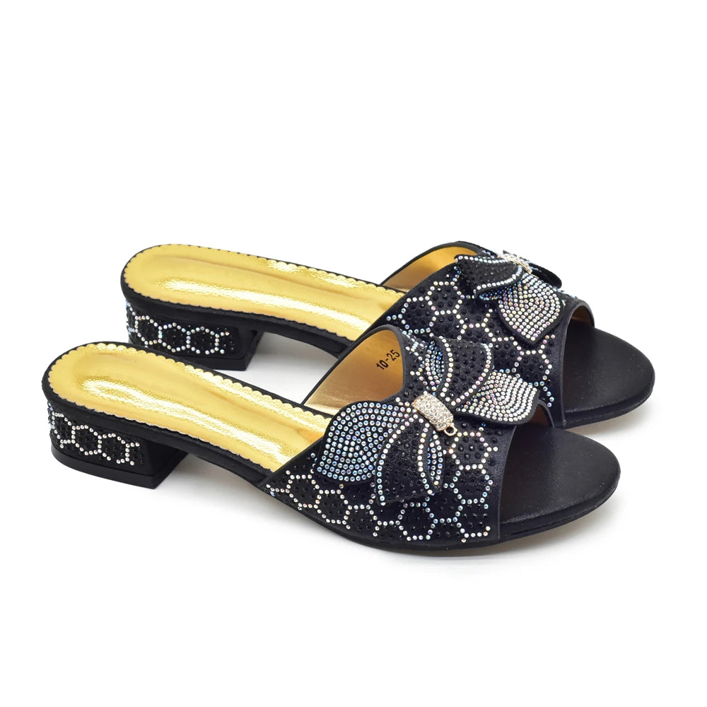 Plus Size Glitter Studs Bow-tie Round Toe Classical Design Luxury Women Pumps Low Heels Dress Party Shoes Rhinestone Women Pumps