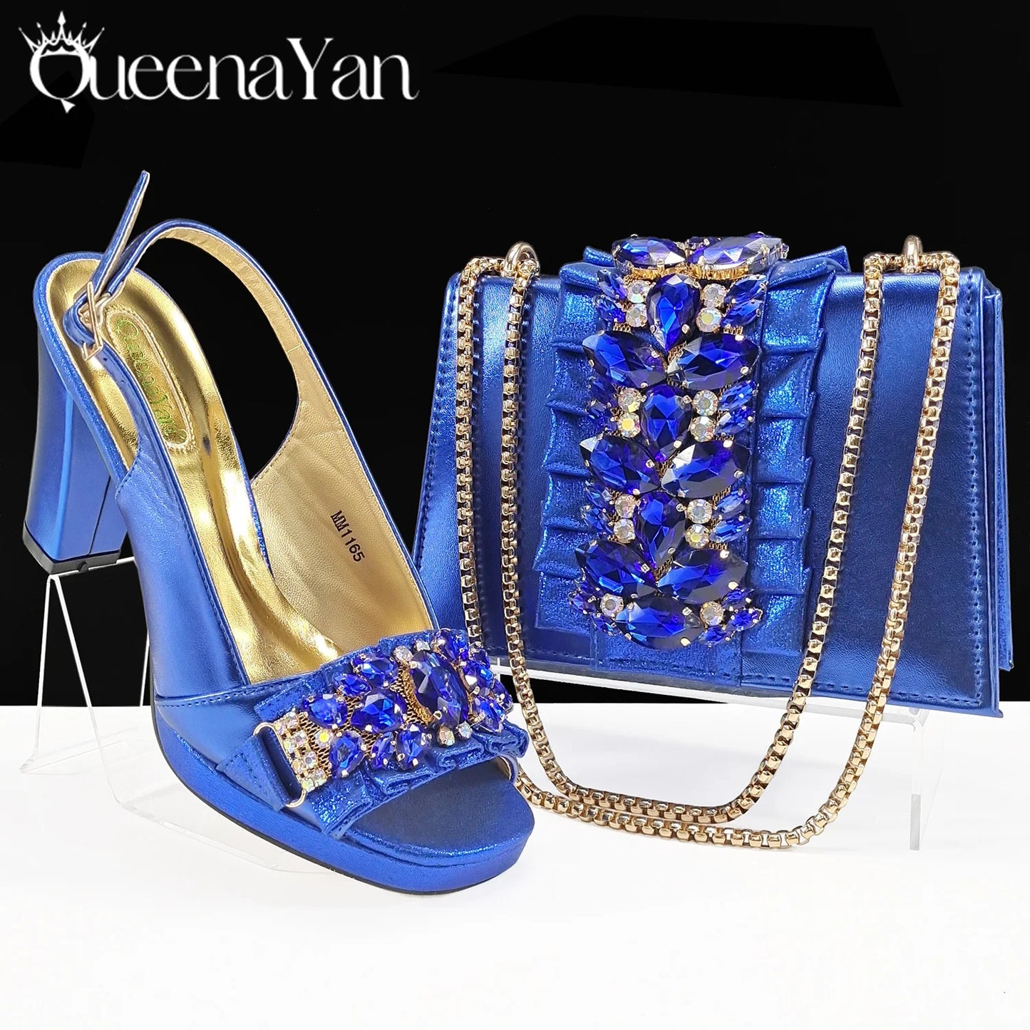 Queena Yan New Arrival Mature Elegant Silver Color Rhinestore Design Party Wedding Lady Shoes and Bag Set for Platform Design