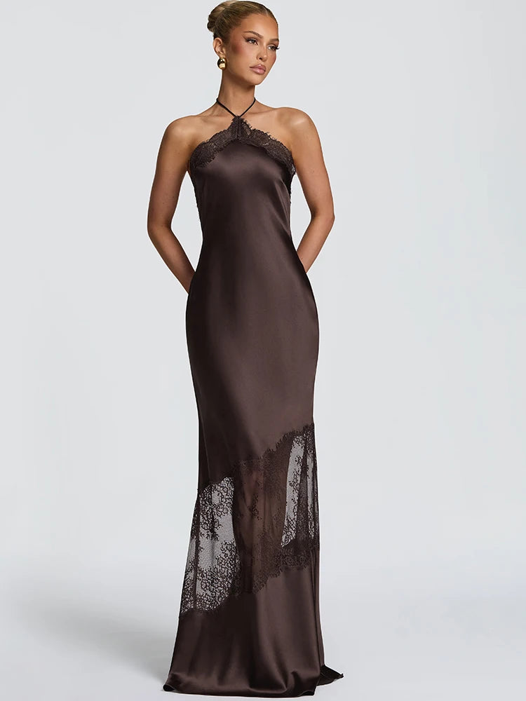 JULISSA MO Leopard Print Patchwork Sheer Lace Halter Women Maxi Dress Backless High Waist Dress Slim Elegant Party Evening Dress