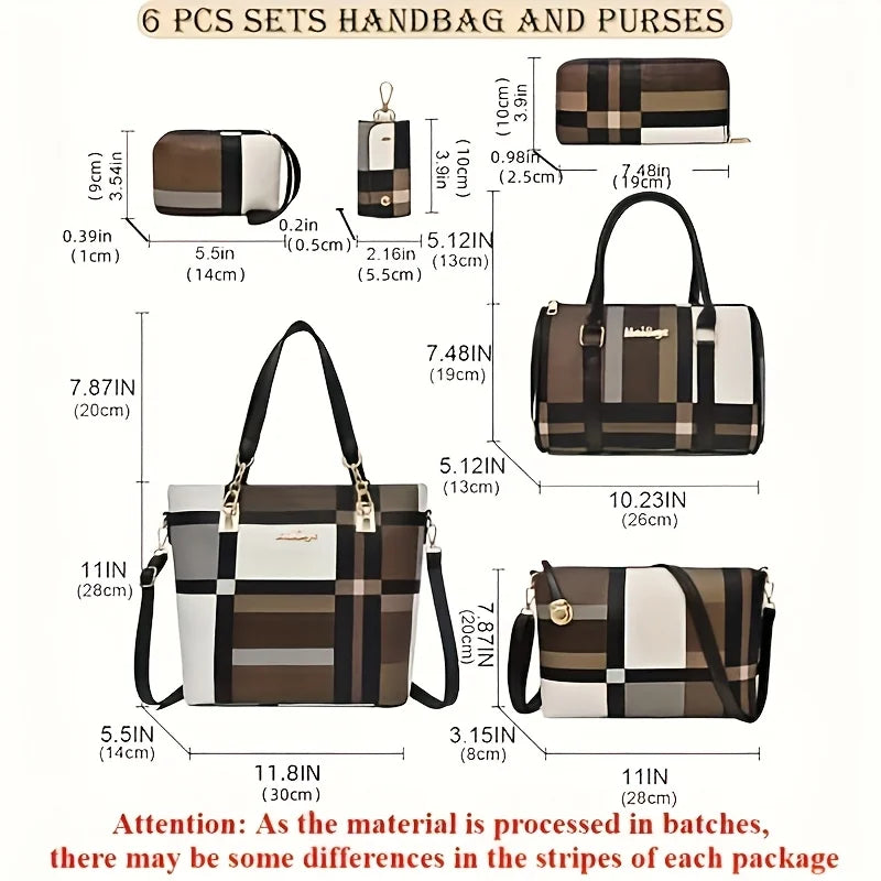 6 Pcs Women Plaid Handbag Set Fashion Checkered PU Leather Tote Shoulder Crossbody Bag Ladies Clutch Purse Card Coin Wallet Multi-piece Bag Set For Daily Shopping Party