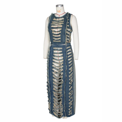 Hollow Out Jeans Skirt Outfit Set Sexy Women Elegant Two Pieces Denim Club Matching Set Top+Long Skirt