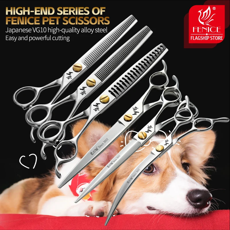Fenice King Series VG10 Steel 7/7.5/8 Inch Professional Pet Dogs Grooming Scissors Straight Curved Thinnier Chunker Shears Tools