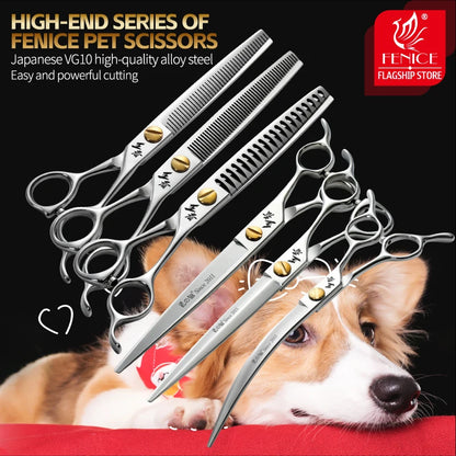 Fenice King Series VG10 Steel 7/7.5/8 Inch Professional Pet Dogs Grooming Scissors Straight Curved Thinnier Chunker Shears Tools