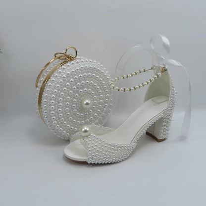 2024 New Customized White Women's Sandals Bridal Shoe Bag Set Women's Coarse Heel Big Pearl Women's Fashion Sandals Party Shoes