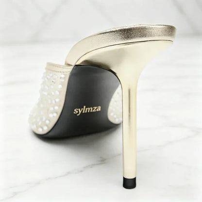 Luxury Rhinestone Detail Mules Sandals Women Sexy Peep Toe High Heel Slippers for Ladies Elegant Banquet Shoes Summer Mesh Shoes