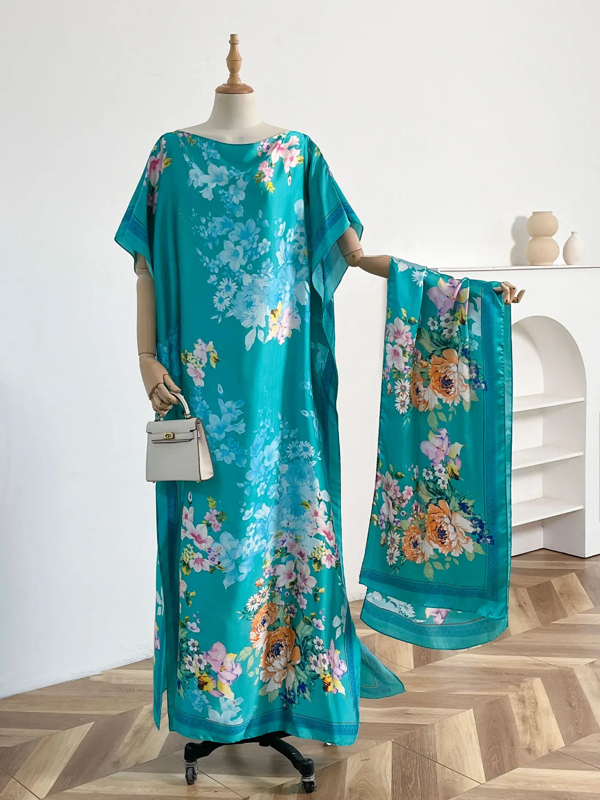 Vintage Peony Floral Print Satin Abaya Scarf Set, Loose Batwing Maxi Kaftan For Muslim Women Summer Holiday Daily Wear
