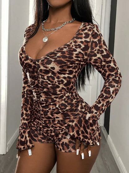 Women's Sexy Leopard Print Deep V Neck Pleated Slim Long Sleeve Bell Cuff Jumpsuit