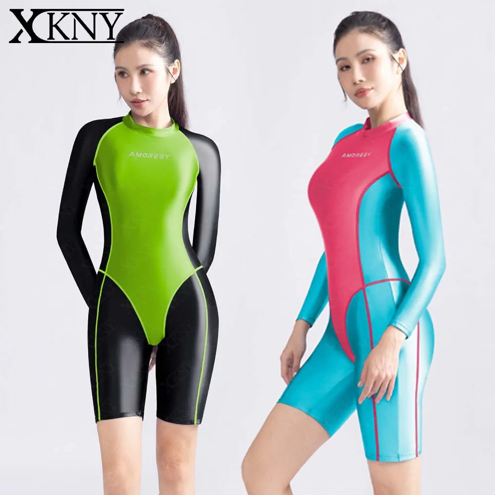 AMORESY Satin glossy bodysuit Long sleeved five quarter pants sports bodysuit color blocked bodysuit back zipper swimsuit