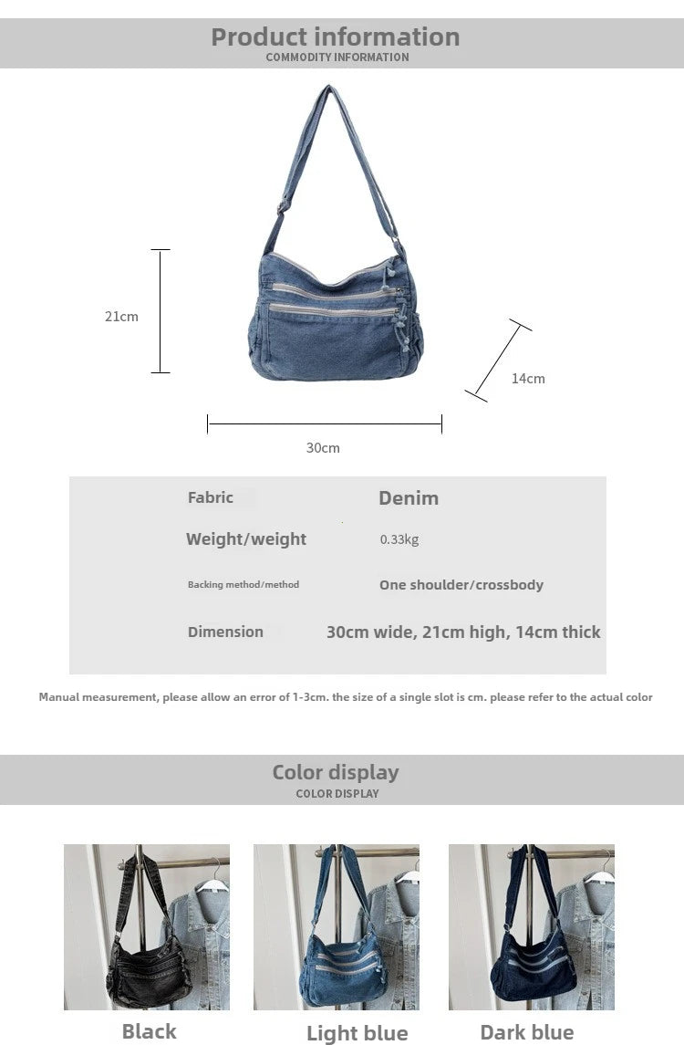 Vintage Denim Women's Shoulder Bag Large Capacity Messenger Bag Multi-pockets Satchel Bags Adjustable Strap Ladies Crossbody Bag