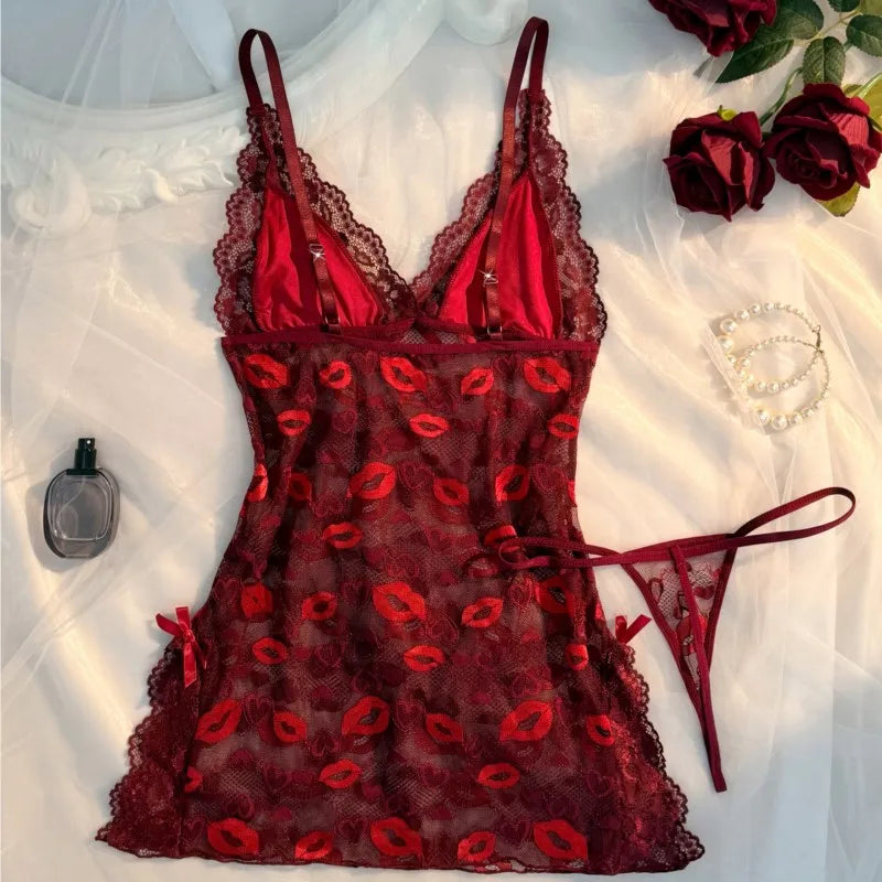 Hot Sexy Women Lace Nightgown Set See Through Pajamas Dress Sexy Deep V Home Valentine's Day Gift Sleeping Skirt Dress