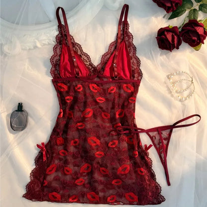 Hot Sexy Women Lace Nightgown Set See Through Pajamas Dress Sexy Deep V Home Valentine's Day Gift Sleeping Skirt Dress