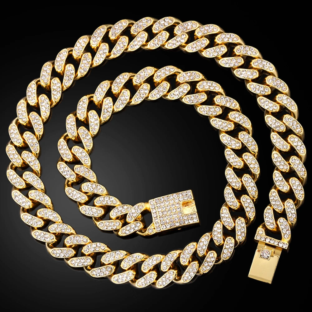 Hip Hop Diamond Cuban Link Chain Cross Necklace Men Women 2Pcs Bling Miami Cuban Chain Necklace Set Iced Out Chain Jewelry