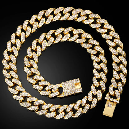 Hip Hop Diamond Cuban Link Chain Cross Necklace Men Women 2Pcs Bling Miami Cuban Chain Necklace Set Iced Out Chain Jewelry