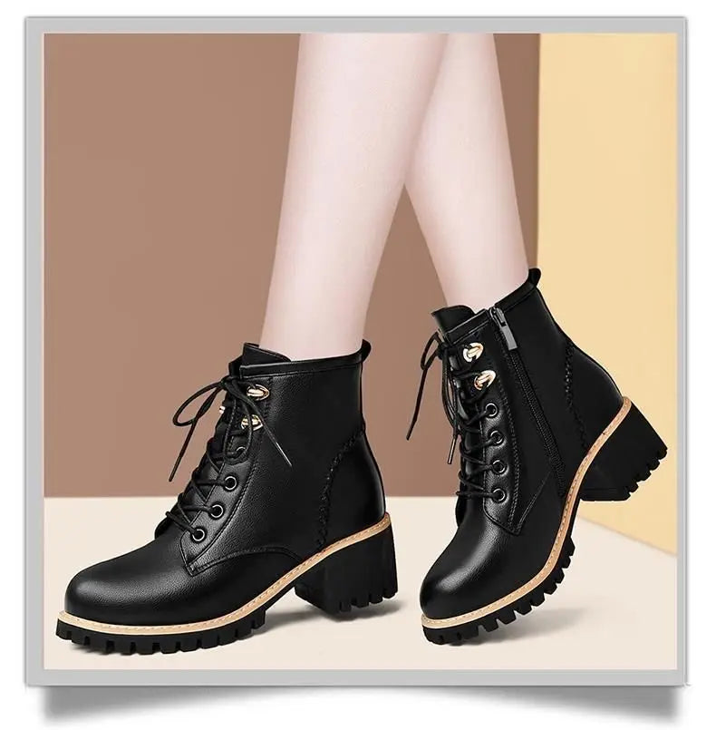 Women Shoes Boots Ankle 2022 New Autumn British Wind Genuine Leather Thick With Fur Ladies Short Boots Motorcycle heels boots
