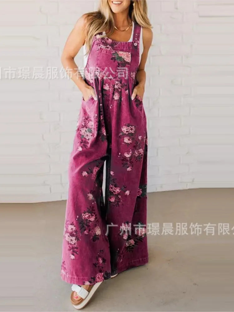 New Summer Women's Fashion Printed Wide-leg Strap Jumpsuit For Women Elegant Loose Party Holiday Casual Jumpsuits Rompers
