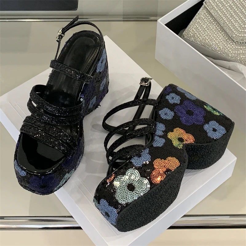 Eilyken CRYSTAL Diamonds Sequin Cloth Buckle Strap Platform Wedges Women Sandals Street Style High Heels Summer Shoes