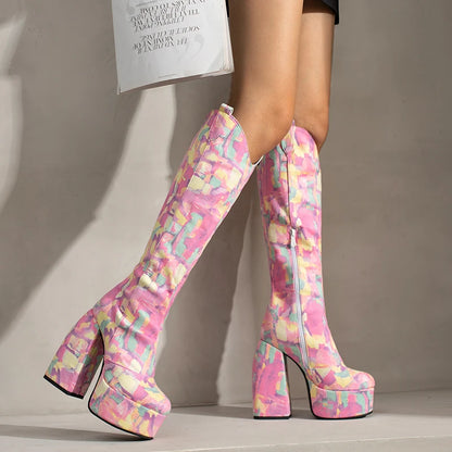 Super Waterproof Platform Strange Chunky Heel Graffiti Women's Boots Plush Inner Zipper Flock Material Knee Boots Plus Size