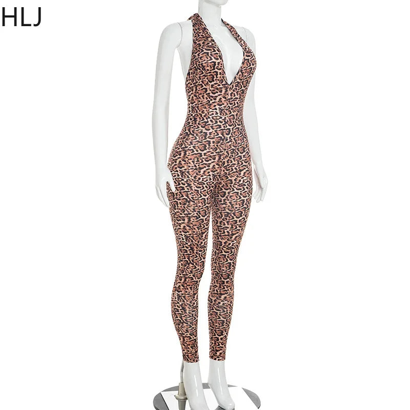HLJ Black Sexy Deep V Halter Bodycon One Piece Jumpsuits Women Bandage Backless Slim Playsuits Fashion Club Overalls Clothing