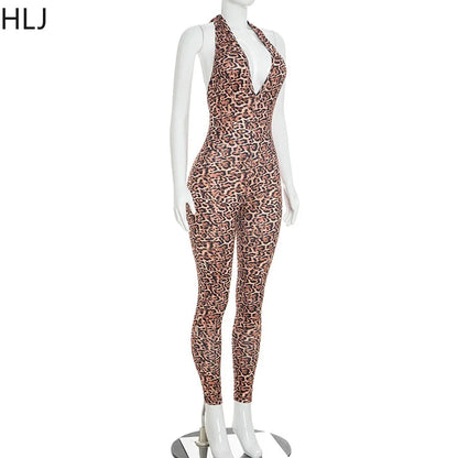 HLJ Black Sexy Deep V Halter Bodycon One Piece Jumpsuits Women Bandage Backless Slim Playsuits Fashion Club Overalls Clothing