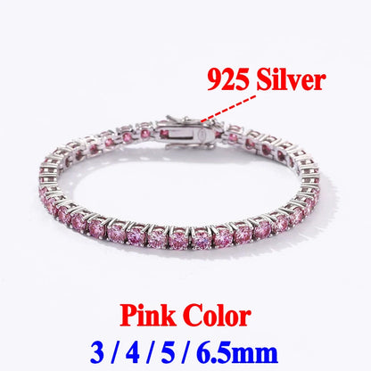 Gold Yellow Green Blue Pink Certified Moissanite 3 4 5 6.5MM Tennis Chain For Women Man 925 Sterling Silver Moissanite Bracelet