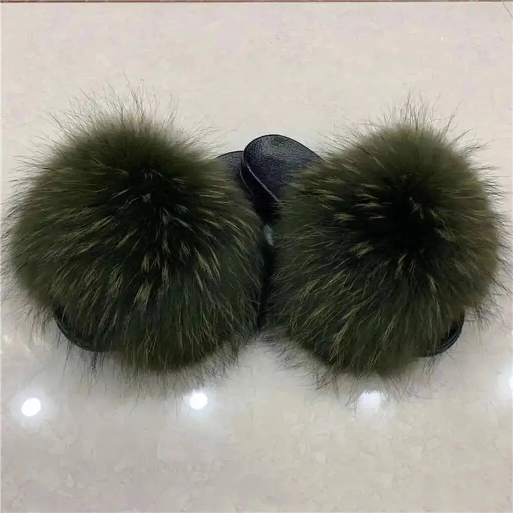 Real Raccoon Fur Slippers For Women 2026 Summer Fluffy Indoor House Fuzzy Flat Slides Outdoor Fashion Beach Sandals Flip Flops