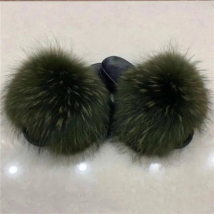 Real Raccoon Fur Slippers For Women 2026 Summer Fluffy Indoor House Fuzzy Flat Slides Outdoor Fashion Beach Sandals Flip Flops