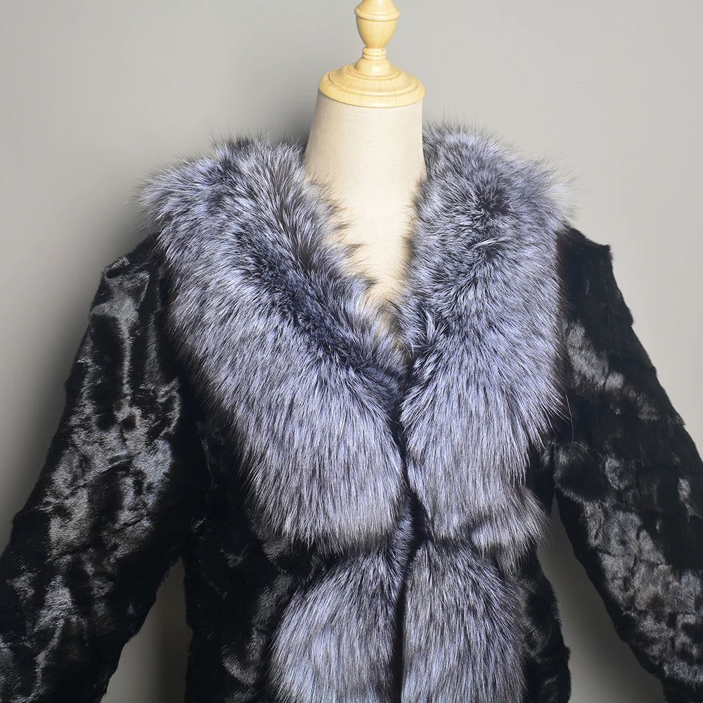 New Real Genuine Natural Mink Fur Coat With Fox Fur Collar Women's Fashion Knit Jacket Cape Lady Winter Real Mink Fur coat