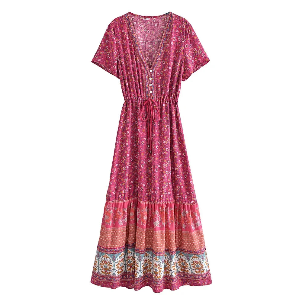 Boho Queens  Vintage Floral Print Sashes Beach Robe Bohemian Maxi Sundress Robe Ladies Cross V Neck Happie Dress Vestidos